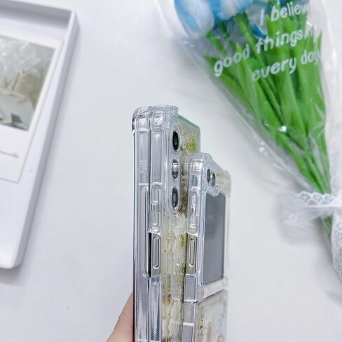 حافظة زهور لهاتف Samsung Galaxy Z Flip 6 5G، حافظة لطيفة وشفافة وناعمة من مادة TPU واقية مضغوطة وجافة بتصميم زهور حقيقية لامعة باللون الأزرق والأبيض للنساء Girly for Z flip 6 (ذهب أبيض) in Kuwait