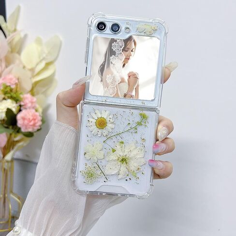 حافظة زهور لهاتف Samsung Galaxy Z Flip 6 5G، حافظة لطيفة وشفافة وناعمة من مادة TPU واقية مضغوطة وجافة بتصميم زهور حقيقية لامعة باللون الأزرق والأبيض للنساء Girly for Z flip 6 (ذهب أبيض) in Kuwait