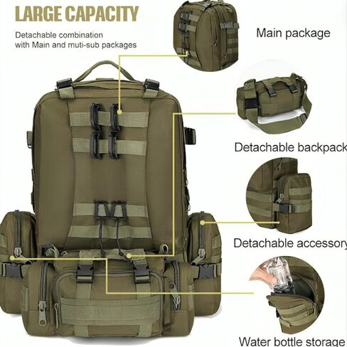 Stealth Angel Survival - حقيبة ظهر نهارية سعة 50 لترًا مع 3 حقائب MOLLE بتصميم عسكري كبير للاستخدام الخارجي 3M50 (أسود) in Saudi Arabia