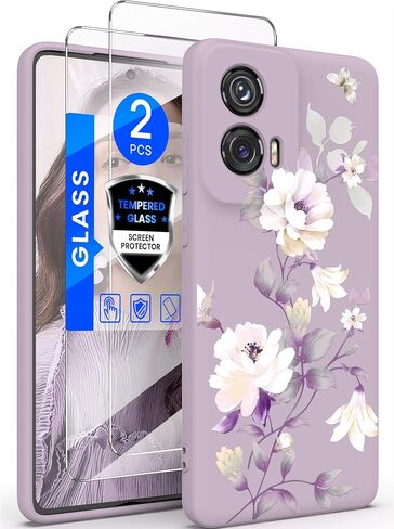 for Motorola G Stylus 5G 2024 Case with 2X Tempered Glass Screen Protectors, Girls Women Florals Liquid Silicone Phone Case, Shockproof Anti-Scratch Soft Protection Case (Purple, CH) in Saudi Arabia