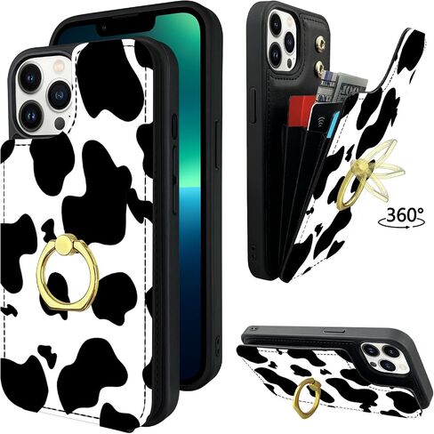 TopPerfekt Compatible with iPhone 13 Pro Max Wallet Case with Card Holder, 360°Rotation Finger Ring Holder Kickstand Protective RFID Blocking PU Leather Pattern Double Buttons Flip Cover 6.7" Cow in Saudi Arabia