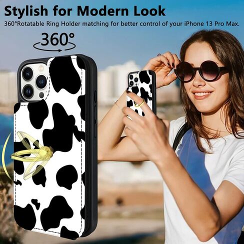 TopPerfekt Compatible with iPhone 13 Pro Max Wallet Case with Card Holder, 360°Rotation Finger Ring Holder Kickstand Protective RFID Blocking PU Leather Pattern Double Buttons Flip Cover 6.7" Cow in Saudi Arabia