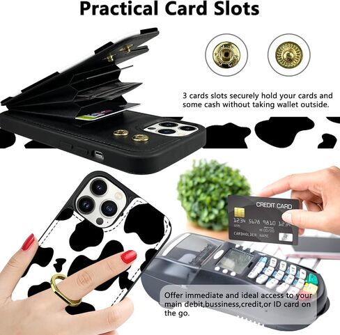 TopPerfekt Compatible with iPhone 13 Pro Max Wallet Case with Card Holder, 360°Rotation Finger Ring Holder Kickstand Protective RFID Blocking PU Leather Pattern Double Buttons Flip Cover 6.7" Cow in Saudi Arabia