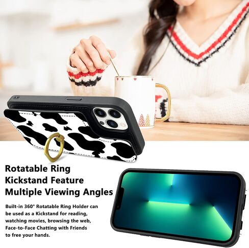 TopPerfekt Compatible with iPhone 13 Pro Max Wallet Case with Card Holder, 360°Rotation Finger Ring Holder Kickstand Protective RFID Blocking PU Leather Pattern Double Buttons Flip Cover 6.7" Cow in Saudi Arabia