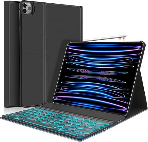 حافظة لوحة المفاتيح الجديدة iPad Pro 12.9 2022 الجيل السادس/الجيل الخامس 2021/2020 الجيل الرابع/2018 الجيل الثالث - غطاء ذكي قابل للطي بإضاءة خلفية 7 ألوان ولوحة مفاتيح رفيعة قابلة للفصل لجهاز iPad Pro 12.9 بوصة [يدعم شحن قلم Apple] - أسود in Kuwait