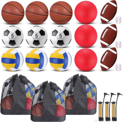 Leyndo 18 Pcs Bulk Sport Balls Set Basketball Football Volleyball Soccer Playground Ball Baseball Outdoor Sport Equipment Full Size with Sports Ball Bag Pump for Youth Adults Sport Gift in Saudi Arabia