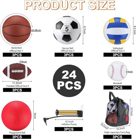 Leyndo 18 Pcs Bulk Sport Balls Set Basketball Football Volleyball Soccer Playground Ball Baseball Outdoor Sport Equipment Full Size with Sports Ball Bag Pump for Youth Adults Sport Gift in Saudi Arabia
