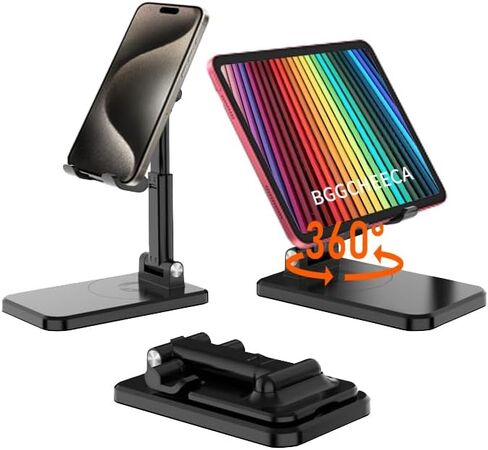 Foldable/Adjustable Stand [1PACK]【360°Rotation】 Height Adjustable Cell Phone Holder Thick Case Friendly Portable Compatible with iPhone, & Android Phone 4.7-12", DC-1 (Black, 1Pack) in Kuwait