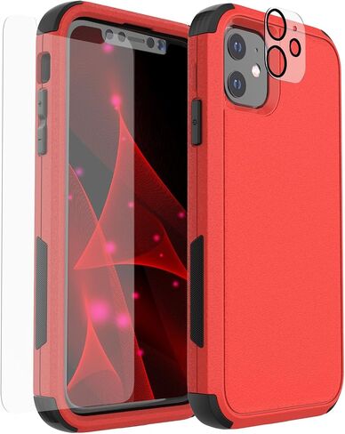 X-belmox iPhone 11 Case, Heavy Duty Case with Built-in Screen Protector, Wireless Charging Compatible Shockproof Drop Proof and Rugged Case - Red/Black in Kuwait