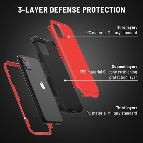 X-belmox iPhone 11 Case, Heavy Duty Case with Built-in Screen Protector, Wireless Charging Compatible Shockproof Drop Proof and Rugged Case - Red/Black in Kuwait