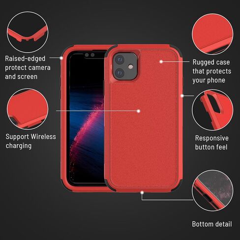 X-belmox iPhone 11 Case, Heavy Duty Case with Built-in Screen Protector, Wireless Charging Compatible Shockproof Drop Proof and Rugged Case - Red/Black in Kuwait