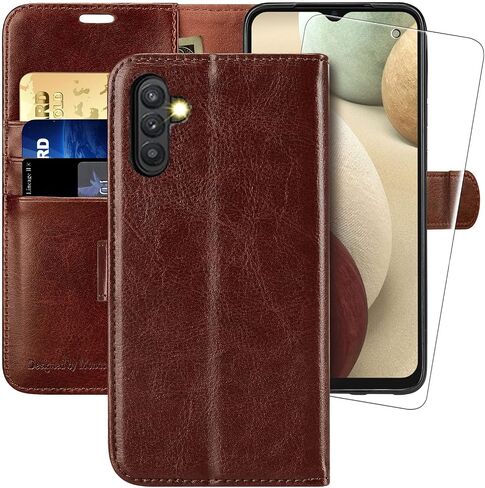 MONASAY Wallet Case Compatible for Galaxy A13 5G, [Included Glass Screen Protector][RFID Blocking] Flip Folio Leather Cell Phone Cover with Credit Card Holder, Brown in Saudi Arabia