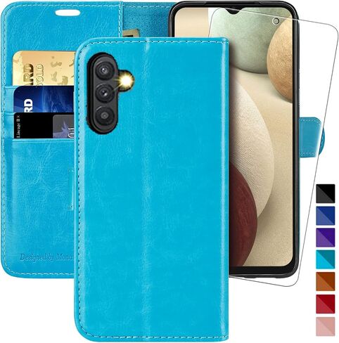 MONASAY Wallet Case Compatible for Galaxy A13 5G, [Included Glass Screen Protector][RFID Blocking] Flip Folio Leather Cell Phone Cover with Credit Card Holder, Brown in Saudi Arabia