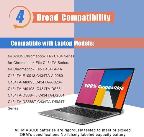 بطارية الكمبيوتر المحمول ASODI C31N1824 48Wh لجهاز ASUS Chromebook Flip C434 C434T C434TA C434TA-AI0041 C434TA-AI0045 C434TA-AI0095 C434TA-AI0108 DS384T DSM4T DS588T E10013 Series 11.55V 4160mAh 0B200 -03290000 in Saudi Arabia