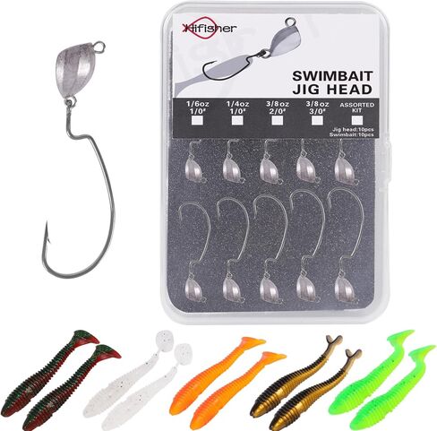 Swimbait Jig Heads with 10pcs softlures, Weedless Swing Jig Heads for Bass Fishing, Weighted Texas Rig Hooks, 1/6 1/4 3/8 OZ in Saudi Arabia
