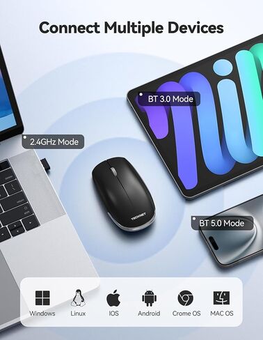 TECKNET ماوس لاسلكي، BT5.0/3.0 2.4 جيجا هرتز ماوس كمبيوتر صامت مع مستقبل USB، 4000 نقطة في البوصة ماوس بلوتوث محمول قابل لإعادة الشحن لنظام التشغيل Mac OS/Windows/Linux/ChromeOS in Kuwait