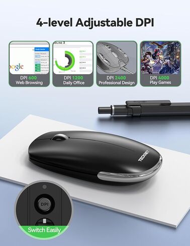 TECKNET ماوس لاسلكي، BT5.0/3.0 2.4 جيجا هرتز ماوس كمبيوتر صامت مع مستقبل USB، 4000 نقطة في البوصة ماوس بلوتوث محمول قابل لإعادة الشحن لنظام التشغيل Mac OS/Windows/Linux/ChromeOS in Kuwait