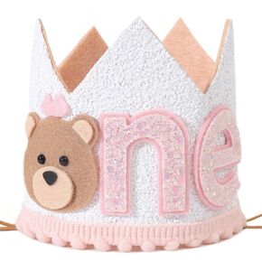 Agkvw Teddy Bear 1st Birthday Crown for Girls - Girl Teddy Birthday Decorations, Little Bear 1st Birthday Hat, One Happy Camper Birthday Decor for Girls