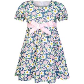 فستان SMILING PINKER للفتيات الصغيرات الصيفي من القطن المزين بالزهور ورقبة مربعة وأكمام منتفخة وحزام على شكل فيونكة in Kuwait