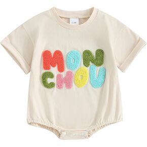 Molgkyo Newborn Baby Boy Girl Clothes Letter Print Short Sleeve Bubble Romper T-shirt Oversized Bodysuit Infant Summer Romper