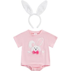 Mubineo Baby Girl Bunny Romper Boy Easter Clothes Outfits Short Sleeve Bodysuit Jumpsuit Headband Outfit