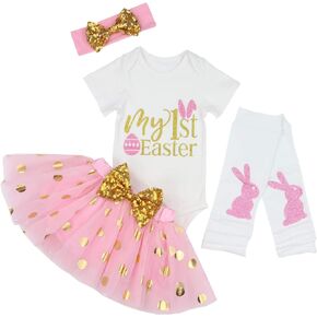 Easter Outfit Baby Girl, 0-18 Months Easter Letter Printed Short Sleeve Romper +Tutu Dress +Leg Warmers + Headband 4Pcs Set
