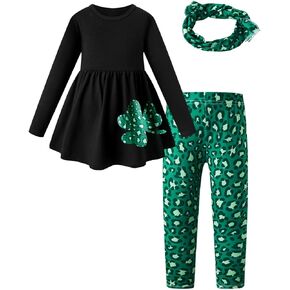 LENSOUS Baby Todder Girls Patrick's Day Long Sleeve Pants Set with Scarf