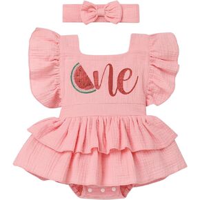IBTOM CASTLE Baby Girl First Birthday Outfit Strawberry Watermelon Flutter Sleeve Backless 2PCS Romper Dress with Headband