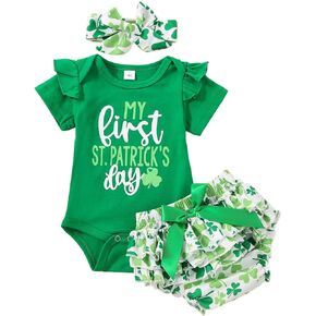 Baby Girl My First St. Patrick's Day Outfit Ruffle Bodysuit Cake Smash Shorts Headband Clover Clothes
