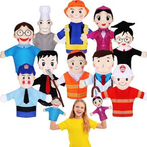 Lenwen 10 Pcs Role Play Hand Puppets for Boys Girls 12.2 Inches Soft Plush Hand Puppets Includes Police Officer Cleaner Doctor Chef Firefighter Electrician Lawyer Student Teacher Flight Attendant