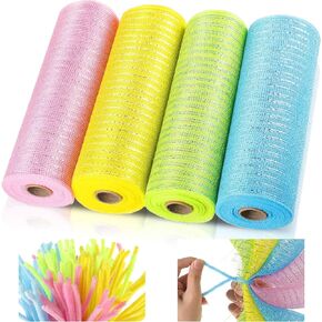 Wreath Making Supplies 4 Rolls Easter Mesh Ribbon 10 Inch x 30 Feet Metallic Poly Mesh Decor and 100 Pieces Wreath Tube Cleaners Chenille Stems(Blue, Light Yellow, Pink, Yellow)