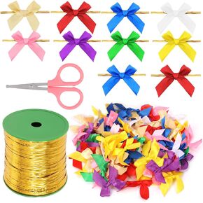 Swpeet 202Pcs Mixed Colors Twist Tie Ribbon Bow and Metallic Twist Ties with Scissor Assortment Kit, Small Bows Polyester Packaging Ribbon Bows for Wrap Decoration Wedding Christmas