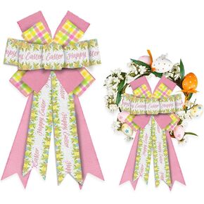 Large Easter Bows for Wreath, Happy Easter Wreath Bows White Pink Burlap Bows Bunny Eggs Bows Holiday Rabbits Tree Topper Bows for Front Door Spring Easter Party Decorations
