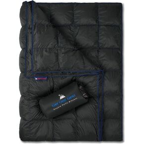 Double Puffy Camping Blanket - Extra Puffy, Packable, Lightweight and Warm | Ideal for Outdoors, Travel, Stadium, Festivals, Beach, Hammock | Water-Resistant Camp Quilt (Black/Blue)