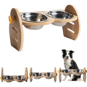 Elevated Dog Bowls for Small Dogs and Cats, Adjustable Raised Dog Bowls Stand 15° Tilted with 2 Stainless Steel Dog Food Water Bowls, Durable Bamboo Dog Feeder