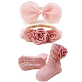 Baby Girls Headband & Socks Set, Cute Socks with Flower Hair Bows Baby Accessories Easter Birthday Gifts Photography Prop for Newborn Infant Toddler