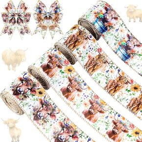 4Rolls 20 Yards Boho Floral Highland Cow Wired Edge Ribbon, 2.5'' Watercolor Cow Flower Printed Rustic Ribbon for Gift Wrapping Bow Wreaths Making for Crafts Supplies