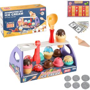 39pcs Ice Cream Toys for Kids, Ice Cream Counter Cupcake Playset for Toddler Kids Scoop Dessert Kitchen Food with Menu & Fake Money & Coin Pretend Food Toys Interactive Playset for 3 4 5 6+ Years