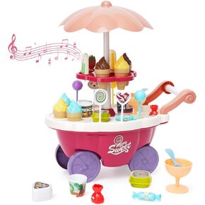 36PCS Ice Cream Toys Candy Cart Kids Play House Toys with Candy Ice Cream Lollipop Chocolate Large Storage Music Rrotatable Pretend Play Early Educational Toy Gift for Toddler Boys Girls 3+ Years Old