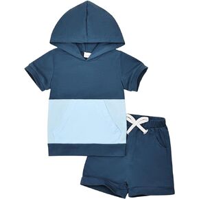 بيبي بوي ملابس طفل ملابس الصيف قصيرة الأكمام مقنعين المرقعة تي شيرت كامل وجيب طقم بناطيل رجالي 12 شهرًا-4T in Kuwait