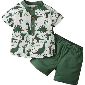 Toddler Baby Boy Summer 2 Piece Outfit Set Short Sleeve Dinosaur Print Shirt Tops and Shorts Casual Dino Clothes