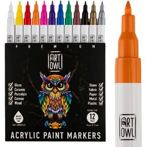 Art Owl 12 Acrylic Paint Pens – Extra Fine Tip Markers Set. Primary Colors with Metallic Silver and Gold. Great for DIY Craft, Paper, Ceramics, Coloring, Rock Painting, Canvas
