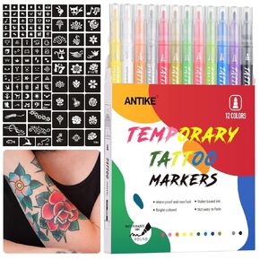 ANTIKE Temporary Tattoo Markers for Skin,12 Colors Washable Body Tattoo Pens+104 Unique Tattoo Stencils,Body Markers Temporary Tattoo Kit for Teens and Adult ZYH2311001KIT