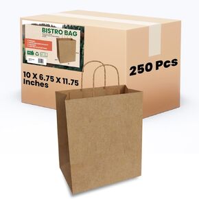 TEEK EJ2 250 قطعة من أكياس الورق البنية ذات المقابض مقاس 10 × 6.75 × 11.75 بوصة - حقائب هدايا بنية، وحقيبة ورق كرافت بمقابض ملتوية، وحقائب تسوق للشركات الصغيرة، ومتاجر البيع بالتجزئة، والبضائع