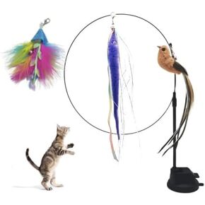 Cat Hanging Feather Toys, Cat Wand Toy with 1 Super Suction Cup, 2 Cat Wands, 3 PCS Replacements, Interactive Cat Toy for Indoor Cats Kitten Play Chase Exercise