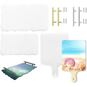 3 قطع قوالب صينية كبيرة من راتينج السيليكون قالب صينية الجيود من راتنجات الإيبوكسي مع مقابض ذهبية وفضية، قوالب صينية من السيليكون الراتنج لتقديم لوح مقبض على شكل مستطيل كبير in Kuwait