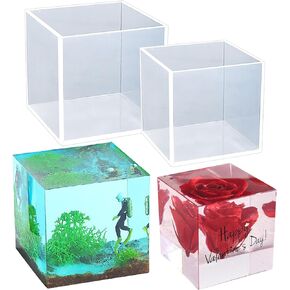 2Pcs Large Cube Resin Molds, 4'' & 3'' Clear Silicone Cube Molds, Resin Flower Preservation Kit, Transparent Deep Square Epoxy Resin Molds with Wooden Support for DIY Craft Home Decor
