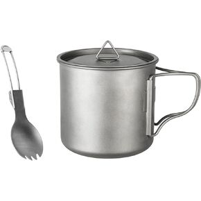 KERMANDO Titanium Cup - 700ml Capacity, Lightweight and Durable,Titanium Camping Cup with Lid,Handle and Folding Spoon for Camping and Hiking
