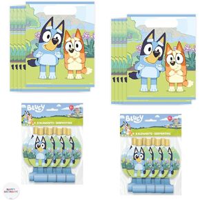 Unique Bluey Party Favors - Bluey Goodie Bags Stuffers - Bundle with 16 Goodie Bags, 16 Blowouts, Sticker - Birthday Party Decorations - Birthday Supplies