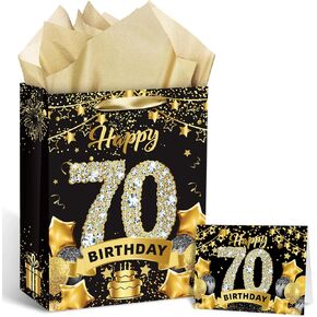 Black Gold 60th Birthday Gift Bag, Gold 60th Birthday Gift Wrap Bag with Tissue Paper and Card Gift Wrapping Bags for Men Women 60 Year Old Party Favors Supplies 9.8x3.1x12.9inch